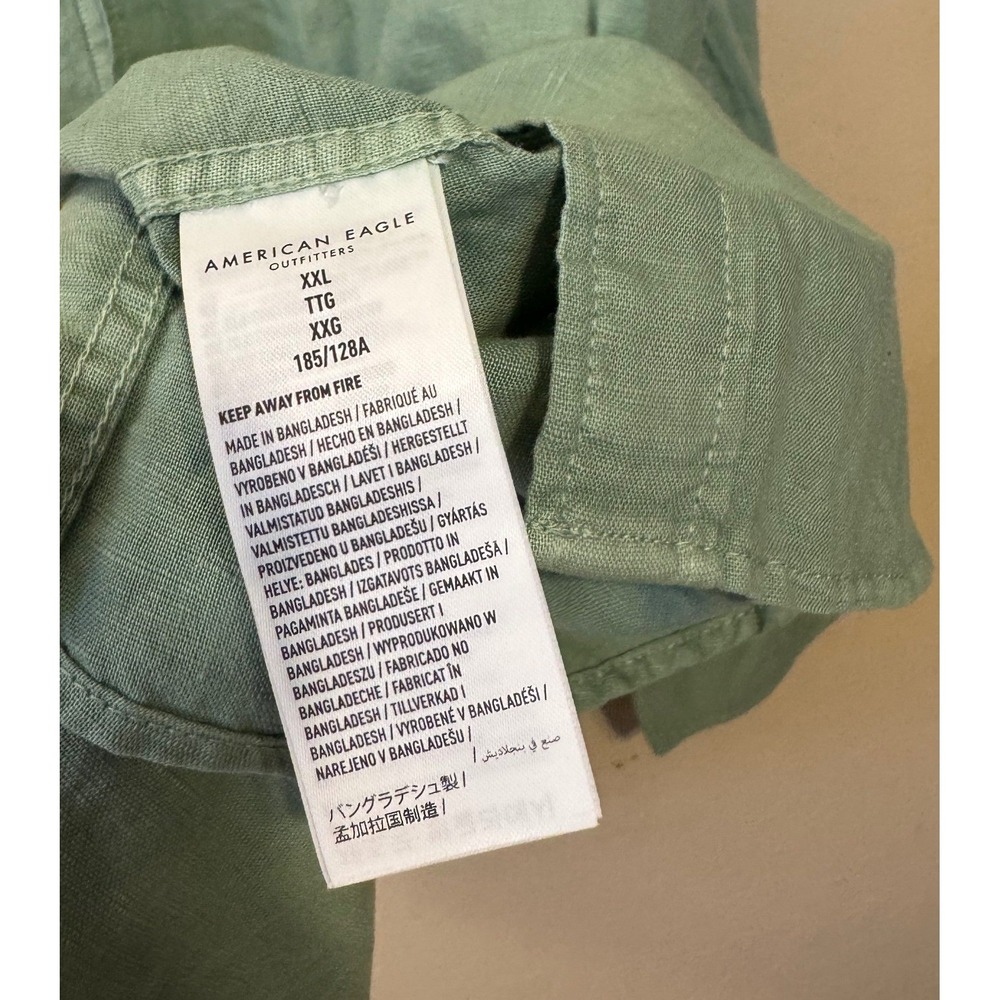American Eagle Shirt Men XXL Green Mandarin Collar Button Down Linen Blend‎ NWOT - Picture 6 of 11